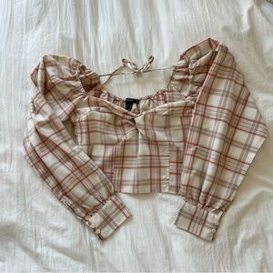 Plaid Puff Sleeve Crop Top